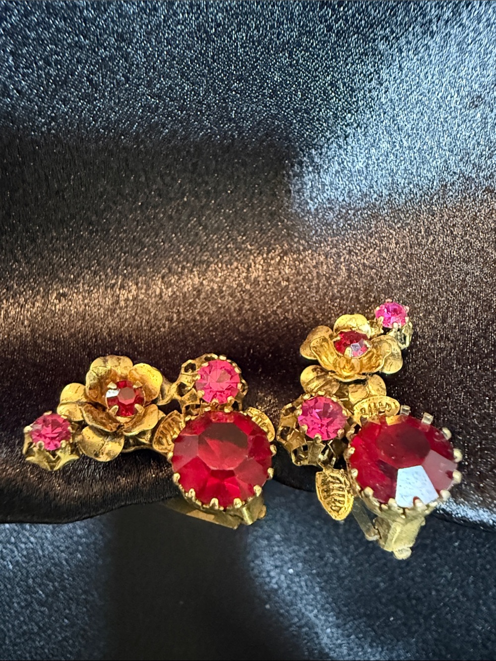 Vintage Gold Floral Earrings with Red and Pink Crystals Stamped Austria